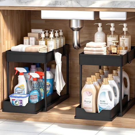 Set of 2 Under Sink Storage - Under Sink Organizer Pull Out Drawer - Kitchen Storage and Organization - Multifunctional Bathroom Storage Basket - Black (1/5)