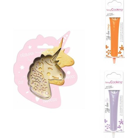 Kit pour biscuit en relief Licorne + 2 Stylos au chocolat orange et lilas