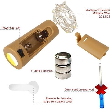 Bouchon de bouteille LED 12 x 20 avec pile, décoration bröllops, 2M flasklampa (1/5)