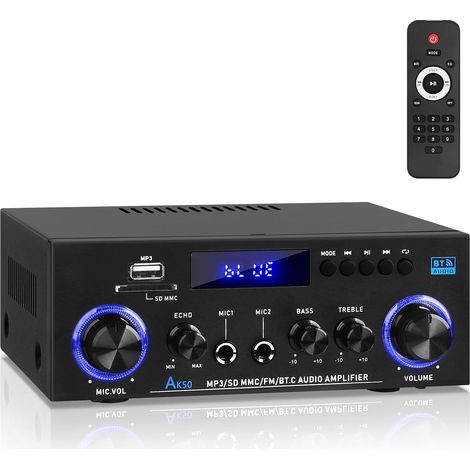 AK50 Hi-Fi Amplifier with Bluetooth RMS 60WX2 Stereo Audio Amplifier Receiver 2.0 Channel Max 400W Output Mini Speaker Amplifier w/ FM Radio Echo, Micro, USB, SD Input for (1/5)