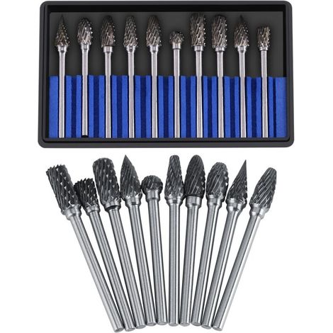Juego de fresas de carburo de tungsteno (10 uds), cabezal 3 mm, vástago 6 mm, para tallado, corte, pulido, grabado y perforación. (1/4)