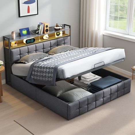 Polsterbett 140 x 190 cm  mit LED-Beleuchtung und USB, Doppelbett mit  hydraulisch und Stauraum, modern Jugendbett mit Kopfteil und Lattenrost, Leinen Grau, Ohne Matratze