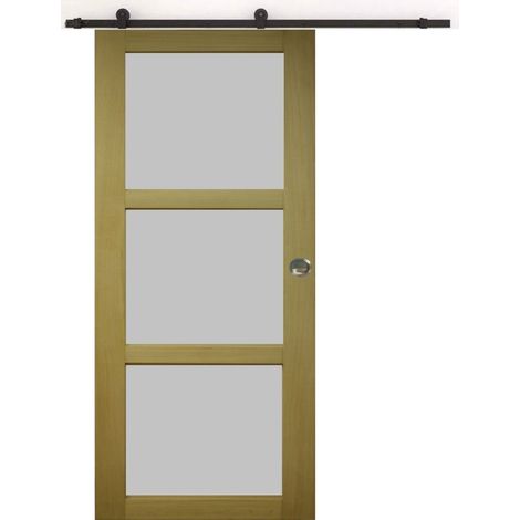 Puerta corredera de Ayous de 3 paneles gris claro H204 x L73 cm, riel con ruedas, conchas Gd Menuiseries