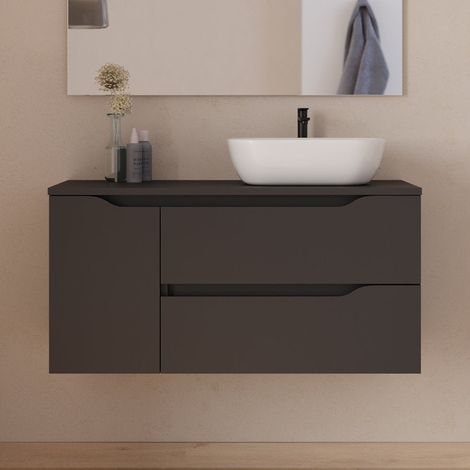 Meuble de salle de bain 100cm avec plateau et vasque à poser déportée à droite Zeus - sans miroir - 2 tiroirs et un placard - noir - ZARZA