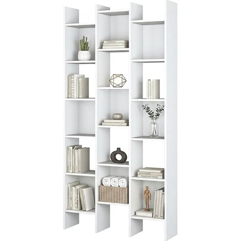 Libreria Areca, Mobile portalibri con 18 ripiani, Scaffale con scomparti quadrati, Scaffale moderno da ufficio, 96x29h192 cm, Bianco