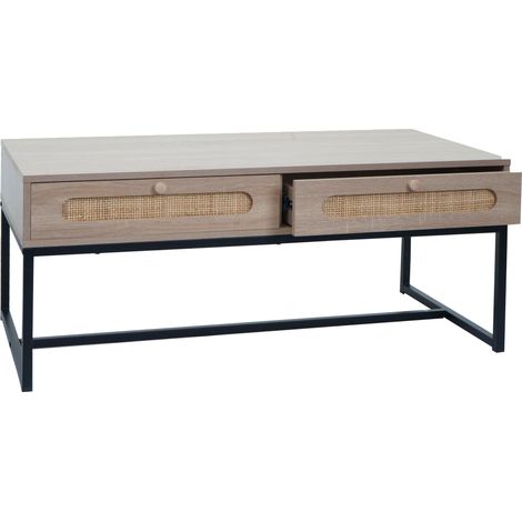 Table basse HWC-M41, Table de salon Table d'appoint Table de salon, tiroir, Kubu rotin bois mélamine, aspect chêne