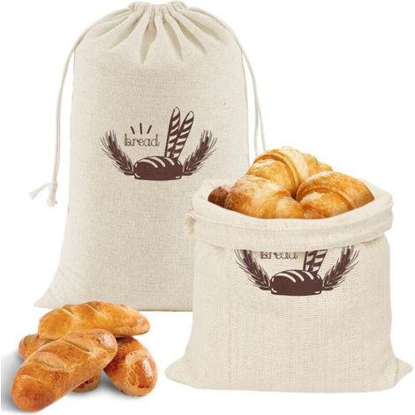 Sacs à pain en lin, lot de 2, 30 x 38 cm, sacs à pain réutilisables avec cordon de serrage, pour conserver le pain frais, en coton et lin, pour le pain, les fruits et les légumes (1/5)