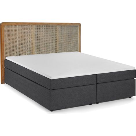 Lit Boxspring 180x200 cm avec Tête de Lit en Rotin et Teck Matelas H3 Gris Foncé - PANGIVO (1/3)