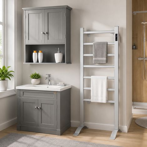 Set de renovación para cuarto de baño con calefacción (2 piezas): toallero eléctrico de 6 barras y armario de pared ajustable (1/5)
