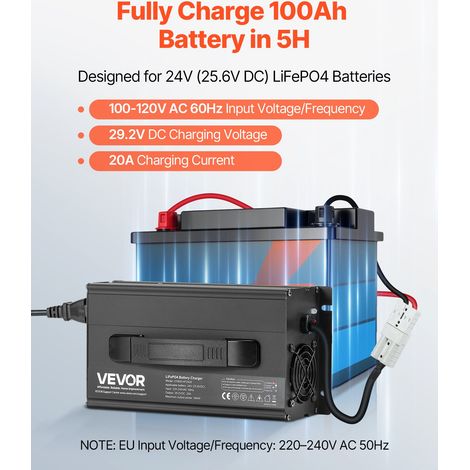 Chargeur Batterie Lithium LiFePO4 Intelligent 24 V 20 A 29,2 V CA CC avec Connecteur Anderson, Indicateur LED, Activation 0 V, Char… (1/5)