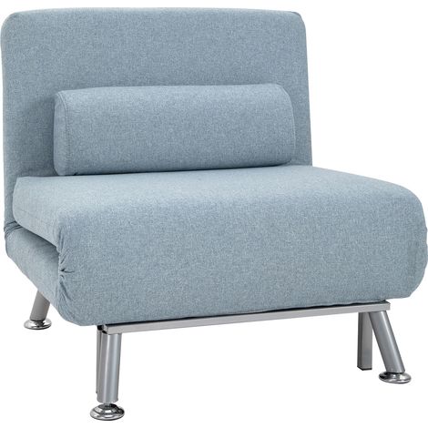 Single Sofa Chair Bed, Linen Fabric 3-in-1 Convertible Sleeper Chair  5-Position Adjustable Backrest, 75cm Wide Seat, Pillow for Living Room, Bedroom, Sky Blue (1/5)