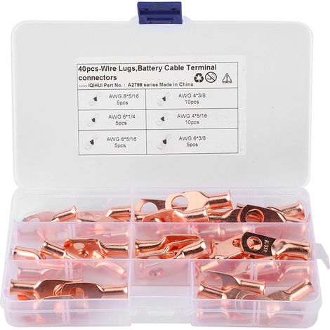 40pcs Cosses à sertir AWG T2 en cuivre rouge, 6 types de connecteurs électriques robustes pour câbles (1/5)