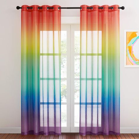 Lot de 2 Rideaux Voilage pour Chambre - Voile en Lin Effet Couleurs Dégradé Irisé à Oeillets pour Maison Salon Romantique Joli avec Belle Rendu, L140 x H213cm, Arc-en-Ciel (1/5)