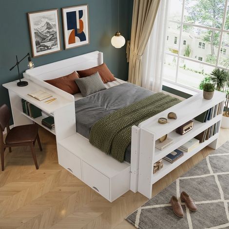 Lit Enfant Rembourré Blanc 120x200cm avec Bureau, Rangement Intégré, Modulable et Jusqu'à 150kg - Bois - pour Chambre Enfant Ado (1/5)