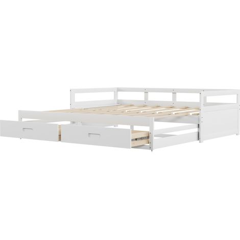 Ausziehbares Bett 90 x 200 cm aus weißem Kiefernholz mit Schubladen und Lattenrost MODENUIT (1/5)