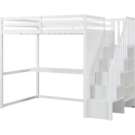 Lit mezzanine 140 x 190 cm - Pin et MDF - Blanc - Avec bureau - MENIZI