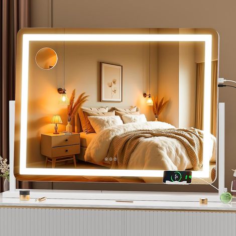 Hasipu Schminkspiegel mit Beleuchtung 80 x 60 cm, LED Kosmetikspiegel mit Handyhalterung und USB-Ladeanschluss, 360° Drehung Tischspiegel für Make-up Rund Weiß