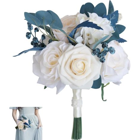 Bouquet de Mariage avec Petit Paon Bleu Rose Artificielle pour Demoiselle d'honneur Romantique pour cérémonie de Mariage et décoration d'intérieur (1/5)