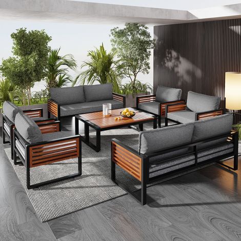 Salon de jardin 8 pièces pour 8 personnes,Cadre en fer galvanisé,Canapés et Chaises,Tables,Accoudoirs décoratifs en bois,Gris