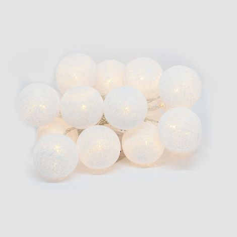 Sysled – Guirlande LED 2,5 mètres 20 boules coton blanc chaud – Lumière douce pour décoration intérieure – Fonctionne avec 3 piles AA