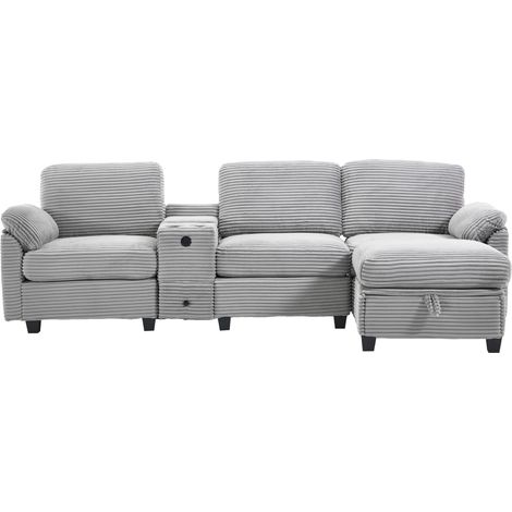 Großes Cord-Sofa mit Komfortschaum. Ausstattung: Abnehmbare Mittelkonsole (2 Cup-Halter + Stauraum), USB-C-Anschluss, Seitentasche, Stauschublade, beweglicher Stau-Ottoman. Für Komfort und Funktion. (1/5)