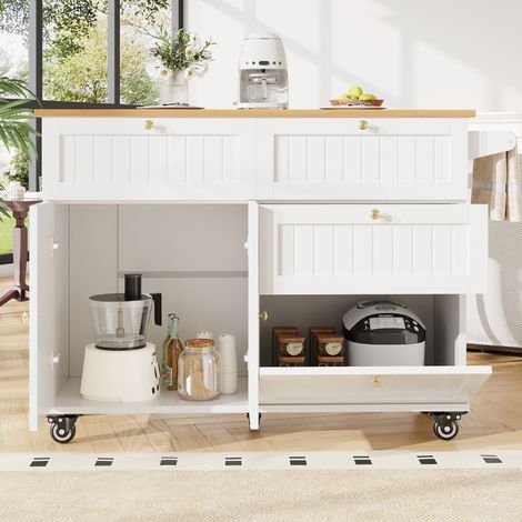 Îlot de cuisine blanc moderne grain bois avec armoires extensibles,mobilier polyvalent pour cuisine et salle à manger. (1/5)