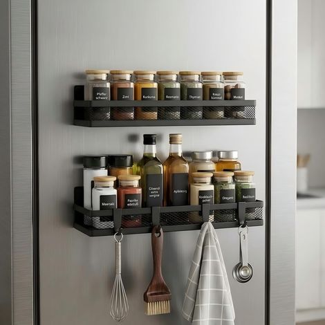 Porte-Épices Magnétique Frigo, Fixation Puissante Sans Perçage, Rangement Gain de Place, Lot de 2 Étagères en Métal avec 4 Crochets, pour Cuisine et Buanderie (1/5)