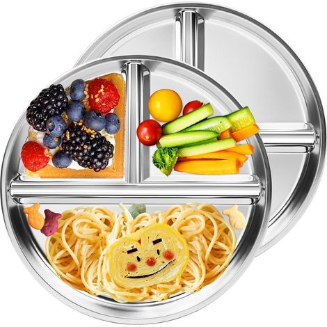 Set di 2 piatti per bambini in acciaio inox - Piatto diviso per adulti - Piatto piano - Stoviglie - Piatti piani infrangibili - Scelta salutare - Per adulti, bambini e campeggio (1/5)