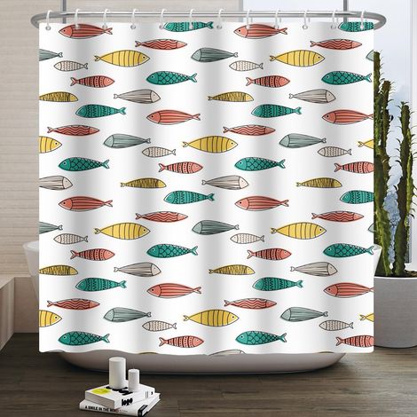 165x183cm Poisson Rideau de Douche Mignon drôle Sketch coloré Animal Pattern Minimaliste Abstrait Salle de Bain Rideau de Douche décoration intérieure Polyester Tissu avec Crochet (1/5)