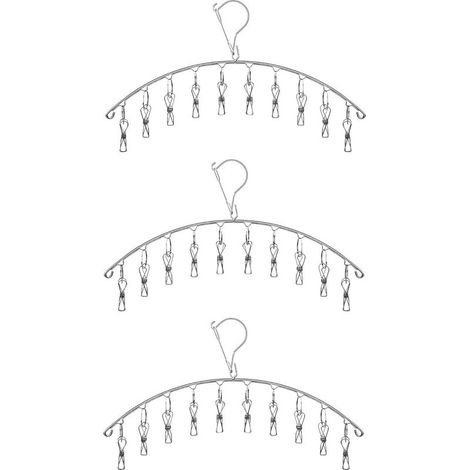 Ensemble de 3 séchoirs à linge en acier inoxydable de 3 mm d'épaisseur x 44 cm de long avec crochet coupe-vent et 10 clips (1/4)