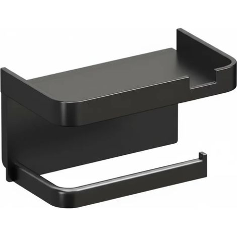 Porte-papier toilette multifonctionnel en plastique noir, sans perçage, avec étagère, support mural pour salle de bain. (1/5)