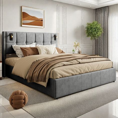 Lit double pour adulte 160 x 200 cm avec lampes de chevet–Lit coffre rembourré 160 x 200 cm–Velours gris–Sommier à lattes–Style scandinave