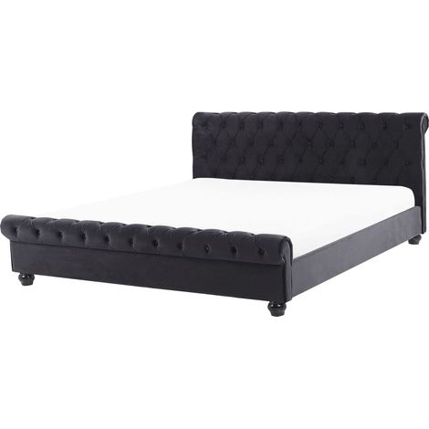 Bed Frame Black Velvet Upholstery Black Wooden Legs EU Super King Size 6ft Buttoned Glam AVALLON