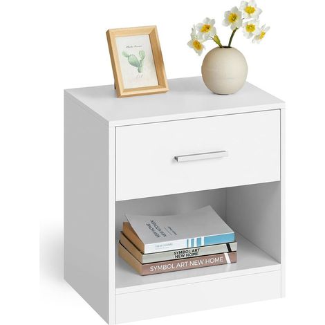 Table de Nuit, avec Tiroir, Poignée, Compartiment Ouvert, Table d’Appoint, pour Chambre, Salon, Blanc Classique (1/4)