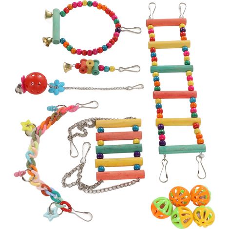 11-teiliges Papageien-Schaukel- und Kauspielzeug-Set mit Vogel-Hängestangen, Hängematte und Holzkäfigständer (1/5)