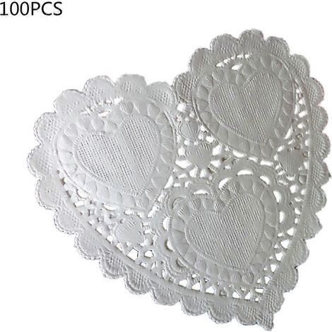Lot de 100 napperons en papier blanc en forme de cœur (10 cm), ajourés, pour décorer gâteaux, desserts et scrapbooking. (1/5)