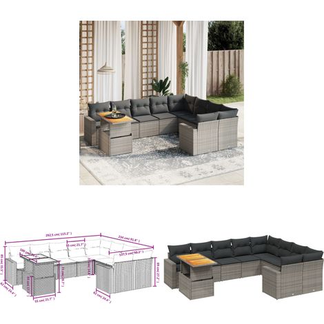 Salon de jardin avec coussins 10 pcs gris résine tressée - Ensemble Salon De Jardin - Meuble Extérieur - Résine Tressée - Rotin Synthétique - Table Extensible - Home & Living (1/3)