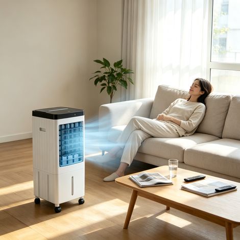 Ventilateur rafraîchissant évaporatif sur roulettes, réservoir 10L, minuterie 7h30, livré avec télécommande pour appartement et camping (1/5)