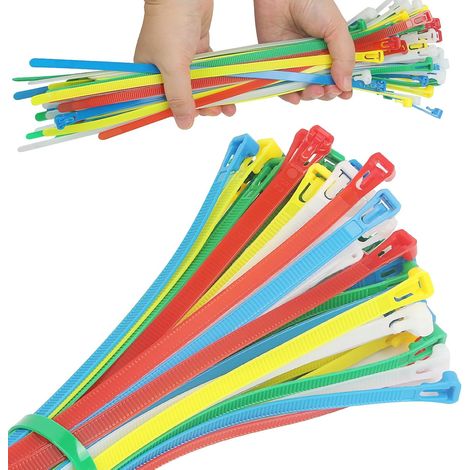 Lot de 100 serrecâbles en plastique réutilisables, 5 couleurs, 300 x 8 mm, pour la maison, le bureau et le jardin (1/5)