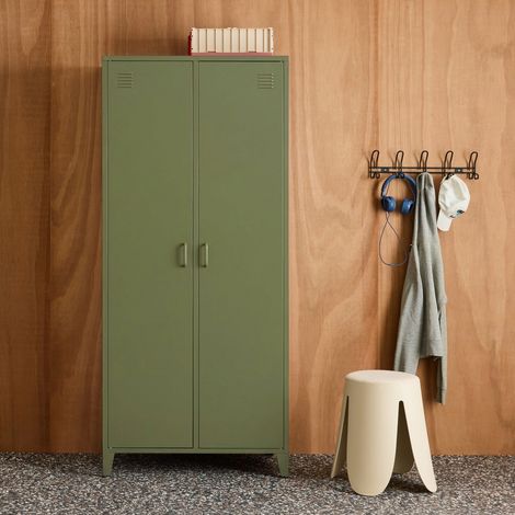 Armoire chambre dressing industriel métal kaki 2 portes. 4 étagères. 1 penderie