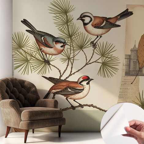 Tapete Selbstklebend - abwaschbar - Tapete mit Motiv - trendige Wanddeko - elegant Fototapete Vogelcollage 250x250 cm (1/5)