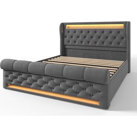 Letto matrimoniale imbottito 140x190 cm in velluto grigio con LED, vano contenitore, USB e USB-C (1/5)