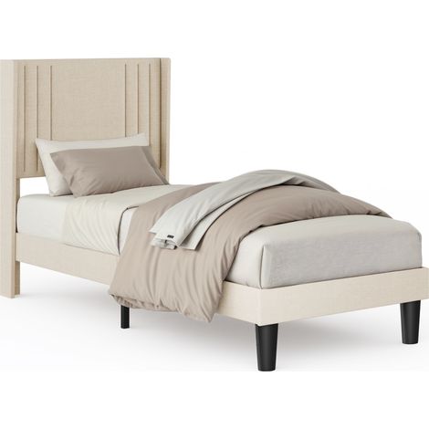 Bealife Letto Singolo Imbottito 90x200 con Testiera, Tessuto Lino, in Legno e Metallo, Letto Ragazzi Grigio Scuro - Design Moderno Beige Naturale