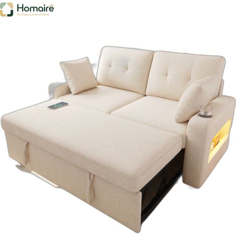 Canapé en velours beige avec couchage coulissant, rangement, accoudoirs et port USB 141,5 x 131 x 83,5 cm HOMAIRE (1/5)