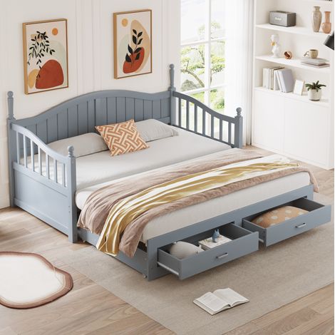MEUBLIV Lit gigogne 90x190 cm gris – avec tiroirs et dossier courbe, sans matelas (1/5)
