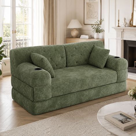 Canapé convertible 2 places 168x80x81 cm en Velours côtelé avec dossier haut et 2 porte gobelets et 4 poches Vert (1/5)