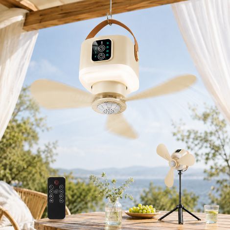 ROSNEK Ventilateur de plafond portable 24 cm avec lumière LED rechargeable 7200 mAh télécommande jaune avec support