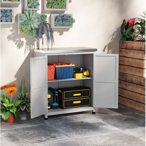 Armario de jardín 79x43x92 cm de madera gris con encimera – MEUBLIV (1/5)