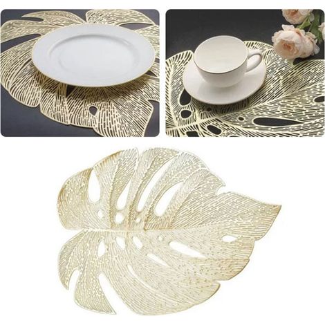 Lot de 6 sous-couches isolantes pour table de cuisine en PVC résistant à la chaleur, motif feuilles ajourées, couleur or (1/5)