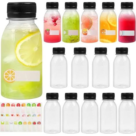 Petite Bouteille Plastique 14 pc avec Couvercles, Bouteilles Plastique Réutilisables de 100 ml Comprend des Autocollants de Fruits pour les Boissons au Jus de Lait et Boissons Maison (1/5)